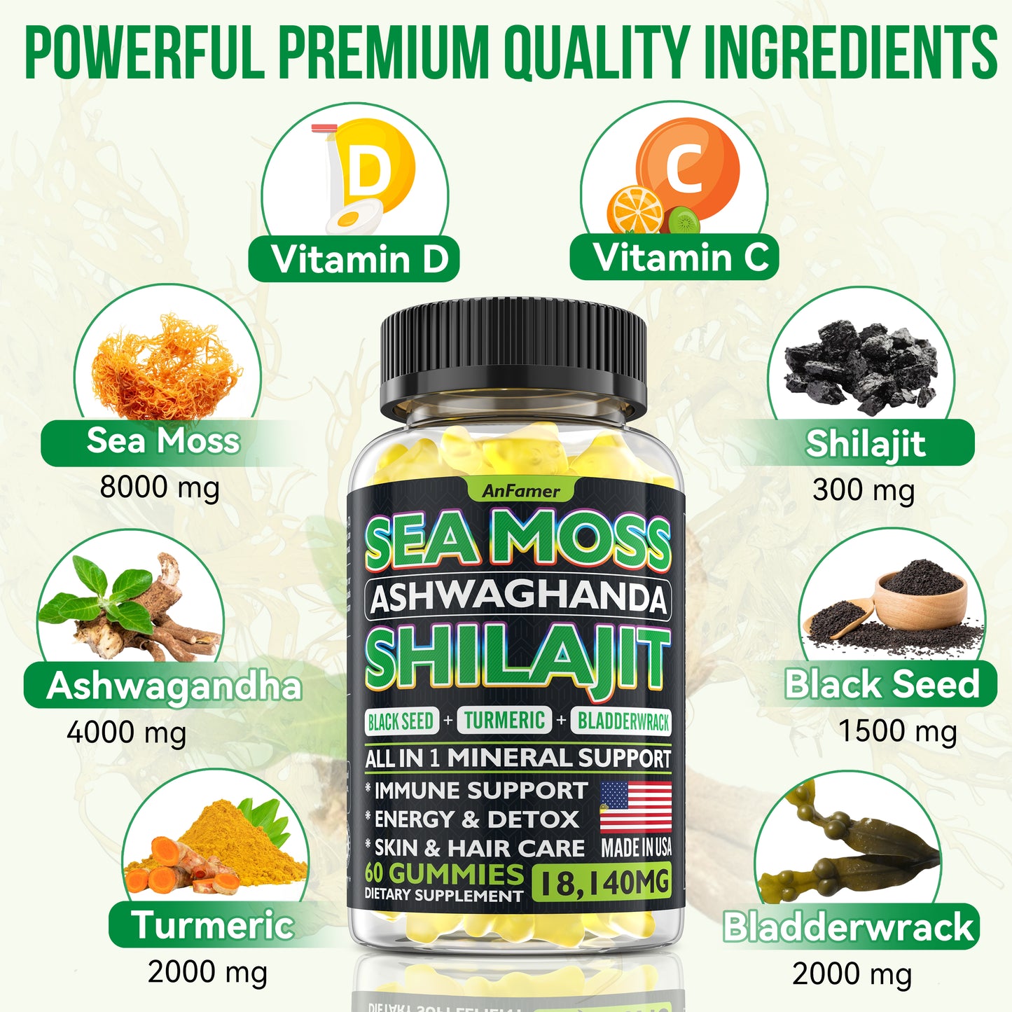 Sea Moss, Black Seed, Ashwagandha,Shilajit All in 1 Gummies