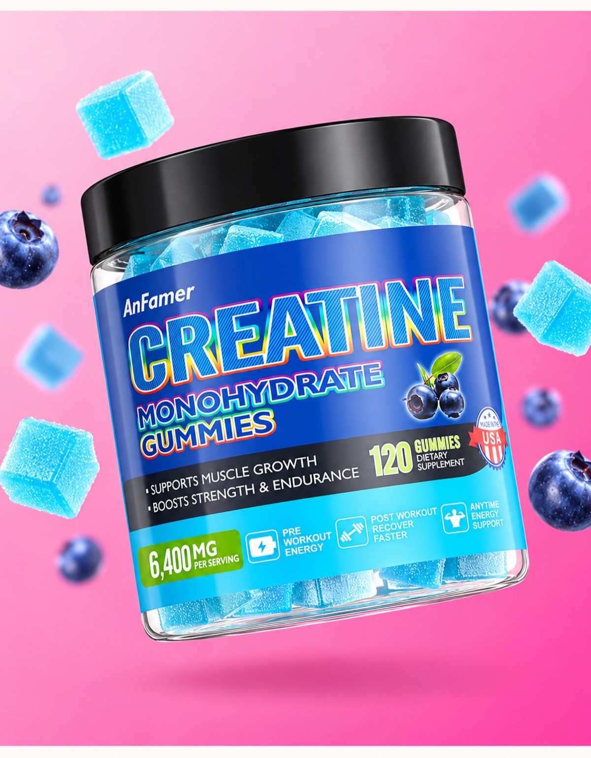 Creatine Monohydrate Gummies 6400mg, Blueberry, 120 Count | AnFamer