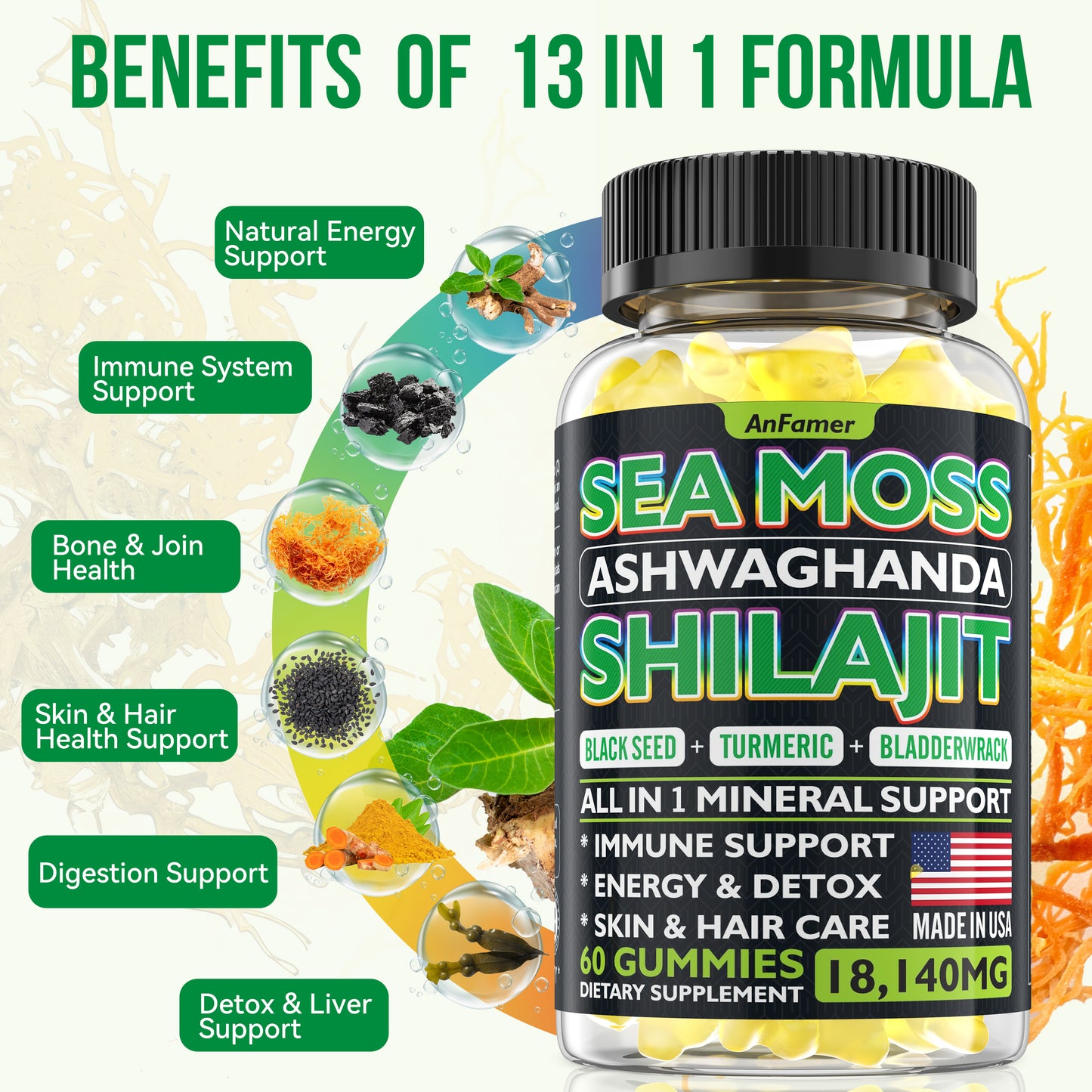 Sea Moss, Black Seed, Ashwagandha,Shilajit All in 1  Gummies