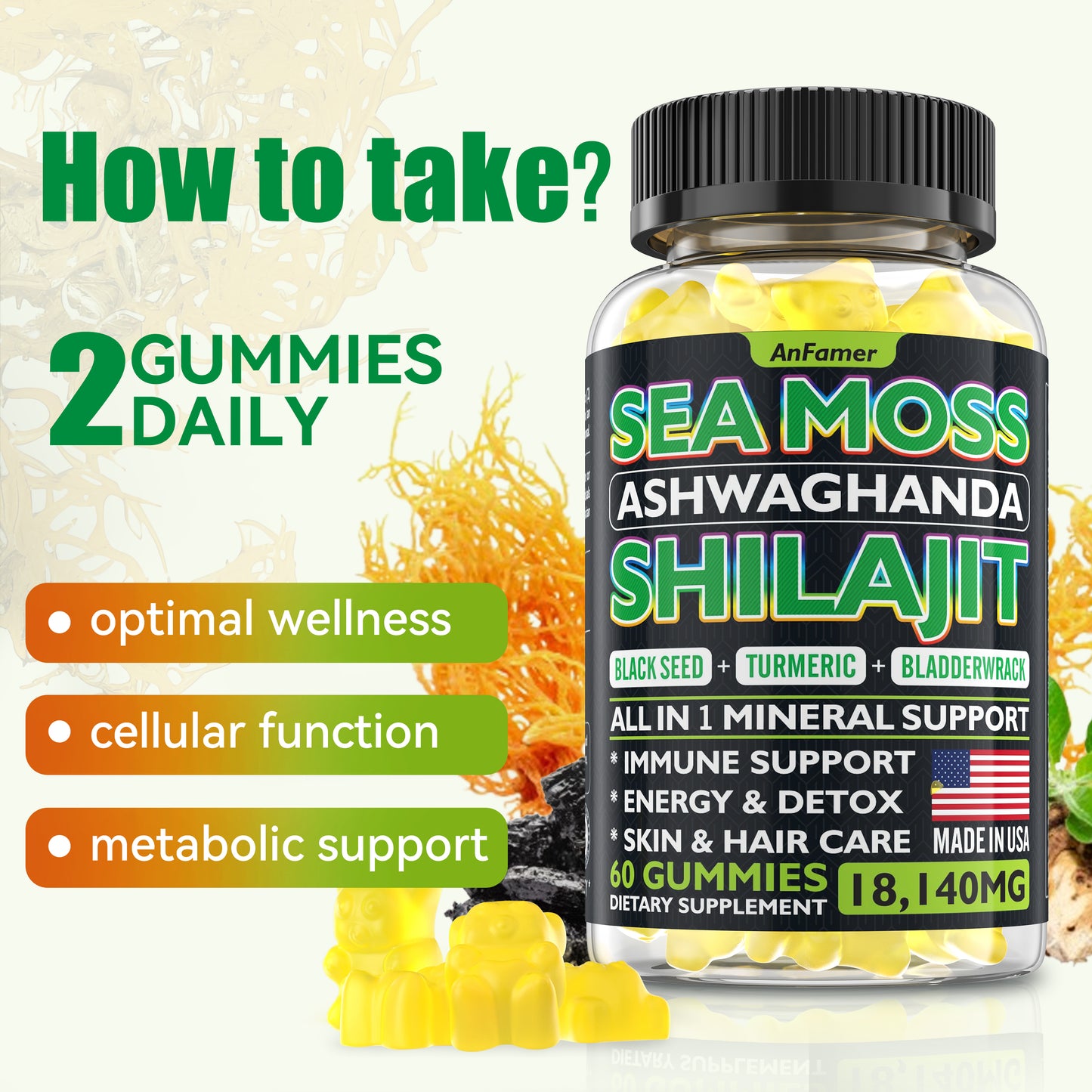 Sea Moss, Black Seed, Ashwagandha,Shilajit All in 1  Gummies