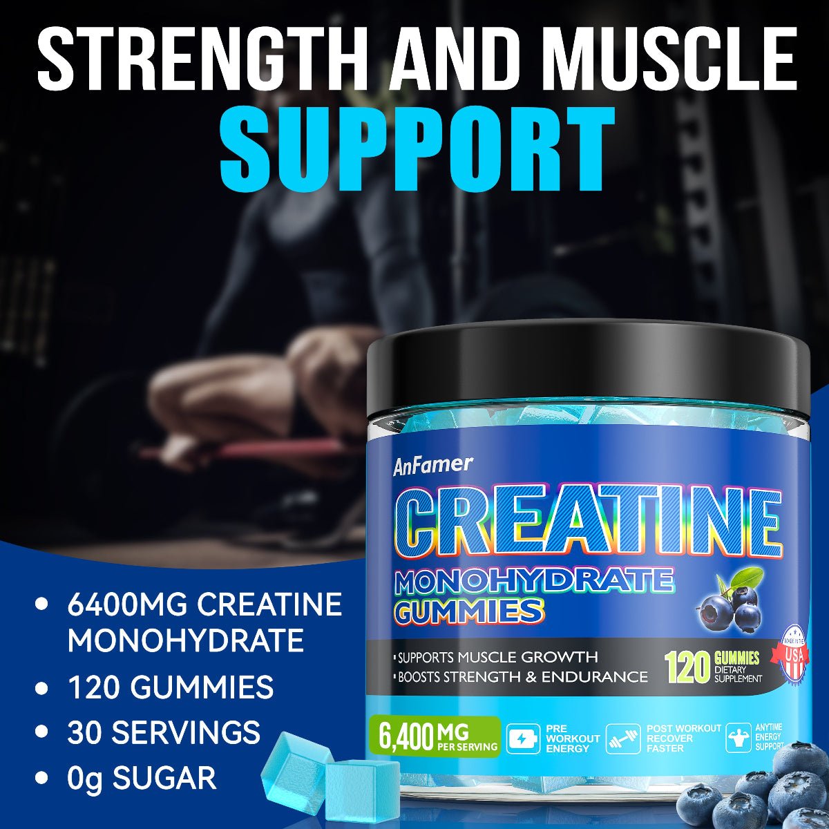 Creatine Monohydrate Gummies 6400mg - Sugar Free Muscle Building Supplement | AnFamer - Anfamer