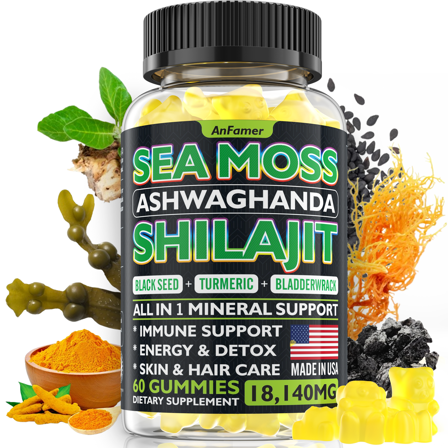 Sea Moss, Black Seed, Ashwagandha,Shilajit All in 1  Gummies